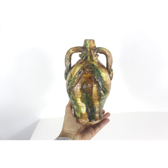 Antique Mediterranean Sea Life Clay Pottery Vase With Handles Shells Folk Art For Sale - Image 9 of 12