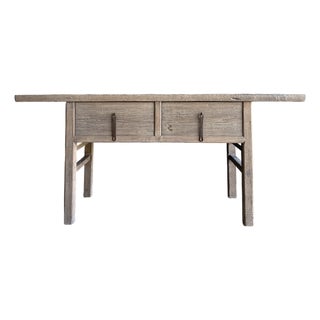 Vintage Elm Wood Console Natural Finish With 2 Drawers For Sale