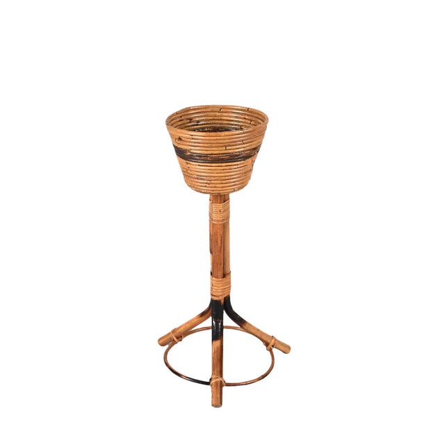 Mid-Century Modern Mid-Century Italian Round Bamboo Cane and Rattan Plant Holder, 1950s For Sale - Image 3 of 18