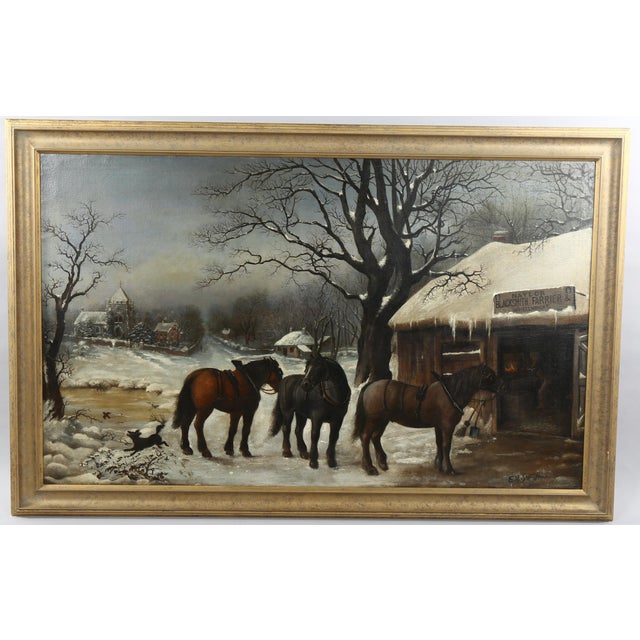 Edwin Roper Stocqueler (Australian - 1829 - 1895), oil on canvas, horses awaiting the blacksmith's in the snow, signed,...