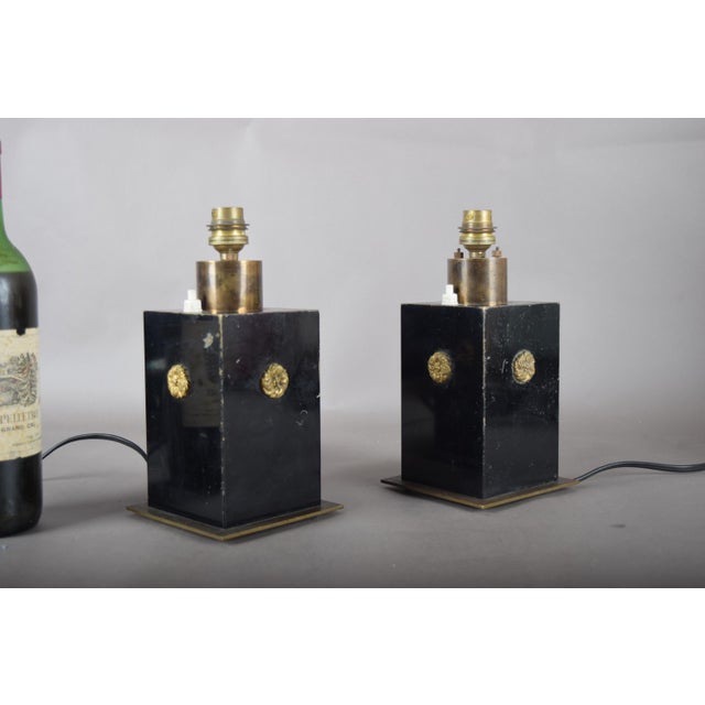 Black Lacquered Metal and Brass Table Lamps, 1940s, Set of 2 For Sale - Image 9 of 13
