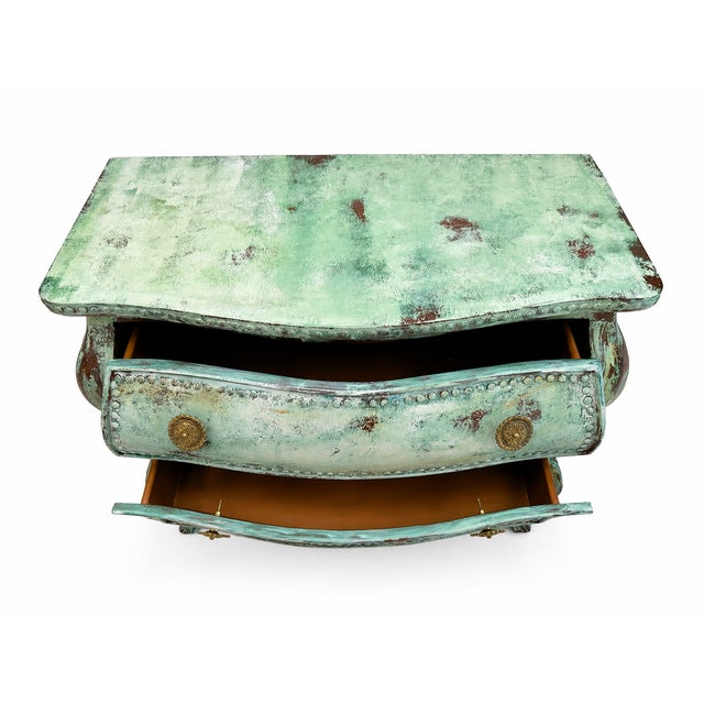 French Provincial French Provincial Green Bombé Chest – Distressed Patina – Brass Hardware For Sale - Image 3 of 8