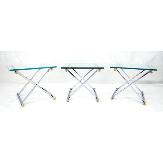 Maison Jansen Set of 3 Chrome X Bases Square Glass Tops Occasional Side End Lamp Tables For Sale - Image 4 of 11
