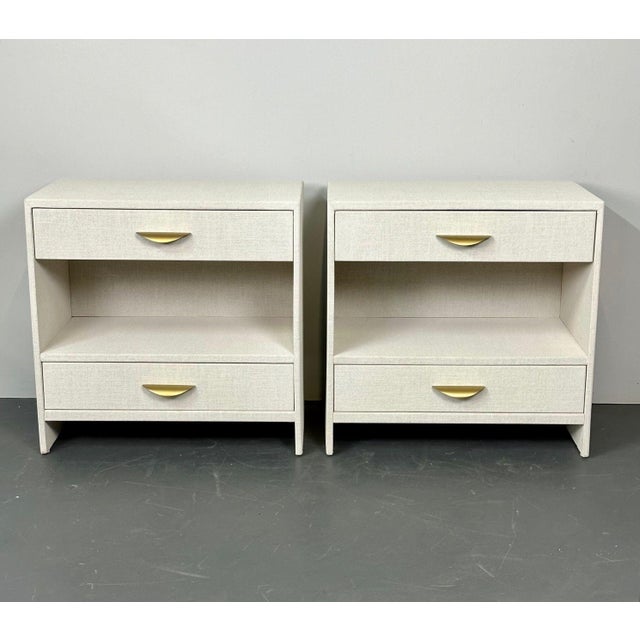 Pair Custom Linen Wrapped Open Commodes, Chests, Nightstands, White, American For Sale - Image 4 of 18