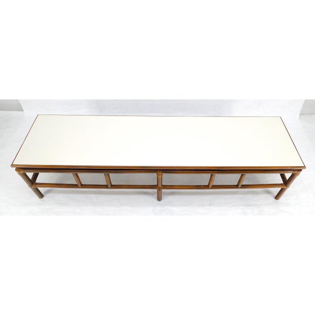Mid Century c1970s Rattan Bamboo White Formica Top 72” Long Coffee Table MINT For Sale - Image 9 of 15