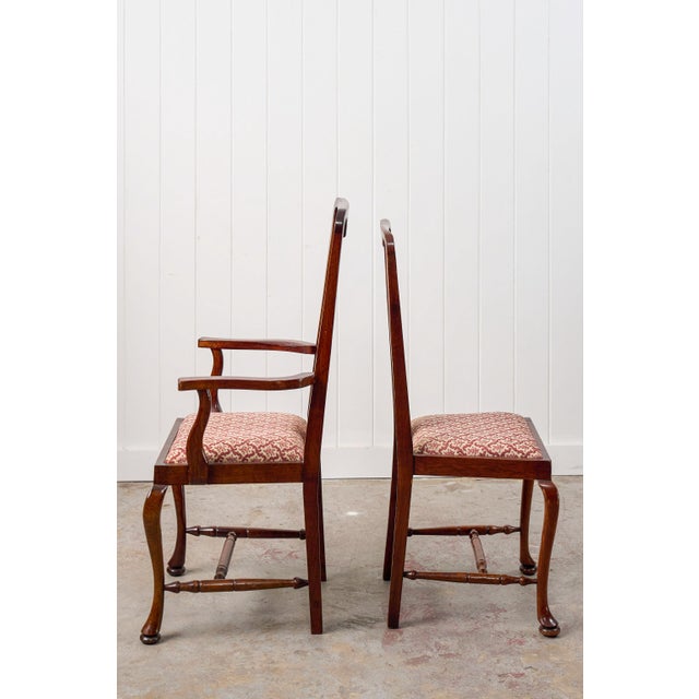 Queen Anne 1930s Set of 8 | Queen Anne Revival Dining Chairs With Red/Pink Floral Upholstered Seats For Sale - Image 3 of 8