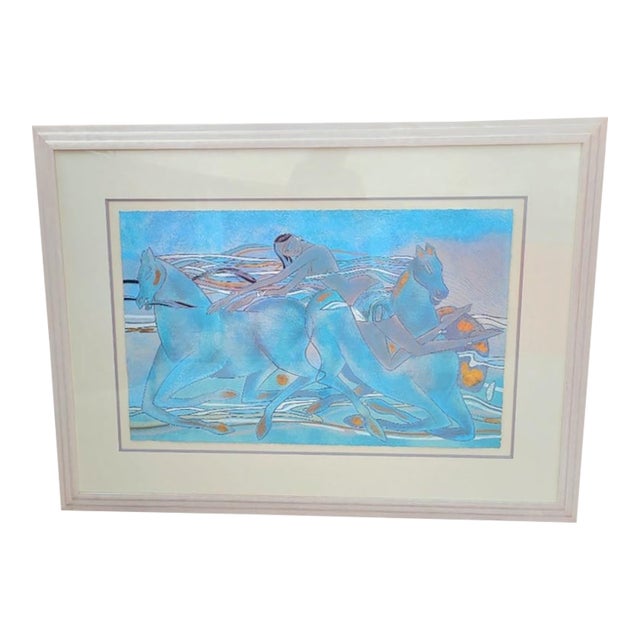 1990 Yamin Young Signed Limited Edition Serigraph Framed Blue Art Deco "Celadon Horses A" For Sale