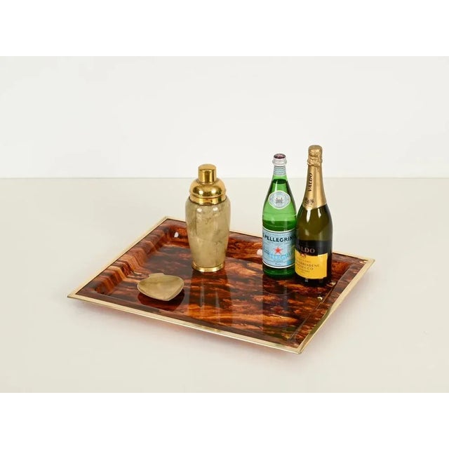 Rectangular Tortoiseshell Effect Acrylic Glass and Brass Serving Tray from Dior, Italy, 1970s For Sale - Image 3 of 14