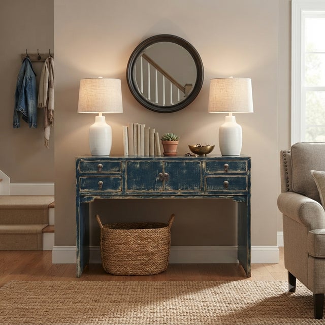1990s 53" Distressed Dark Ink-Blue Drawers Narrow Console Credenza Table For Sale - Image 5 of 14