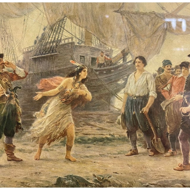 Brown Vintage Framed the Abduction of Pocahontas Print After j.l.g. Ferris, Historical Colonial Wall Art. For Sale - Image 8 of 10