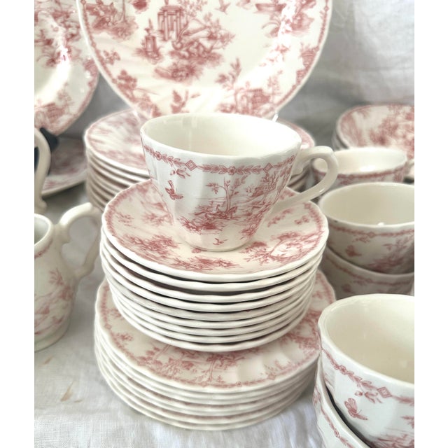 Vintage Shabby Chic Queens "Chelsea Toile" Pink Dinnerware Set of 53 For Sale In Palm Springs - Image 6 of 12