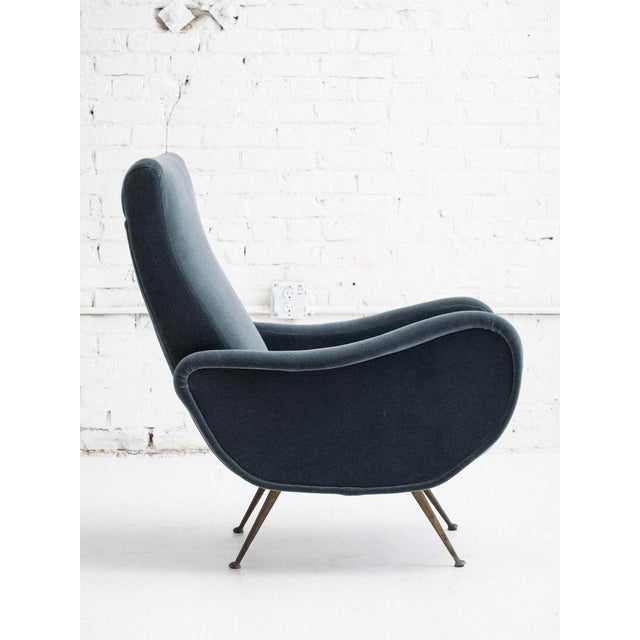 Mid-Century armchair similar in style to Marco Zanuso's "Lady Chair." Newly reupholstered in a slate grey / pale teal...