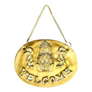 Vintage Brass Pineapple Hanging Welcome Sign on Chain For Sale