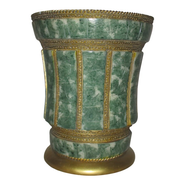 Vintage Ornate French Design Gold & Jade Wastebasket / Trash Can 10" For Sale