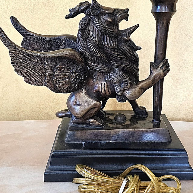 Vintage Neoclassical Bronze Winged Lion Griffin Table Lamp With Linen Shade For Sale - Image 10 of 18
