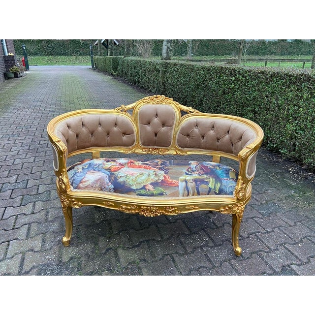 1970s French Louis XVI Gold Beech Brown Velvet Settee 1pc For Sale - Image 14 of 14