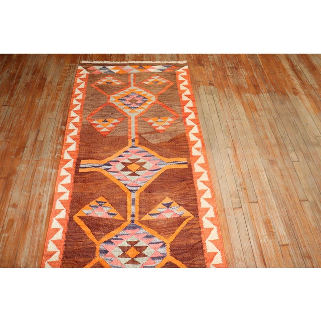Mid 20th Century Vintage Zabihi Collection Turkish Geometric Kilim Runner - 3'5" x 11'8" For Sale - Image 5 of 8