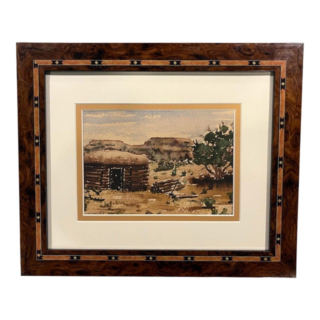 Mid-Century Style Rustic Cabin Original Watercolor With Inlaid Burl Frame For Sale