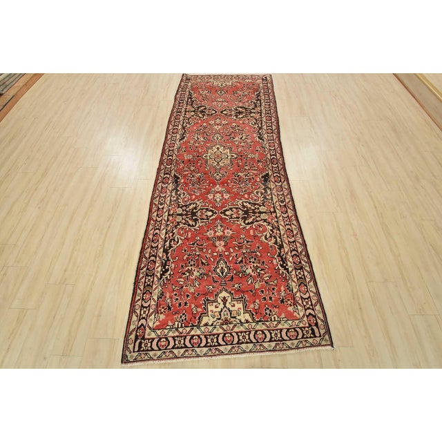 Farmhouse Malayer Runner 3’10” X 10’2” Red Wool Semi-Antique Hand-Knotted Oriental Rug For Sale - Image 3 of 15
