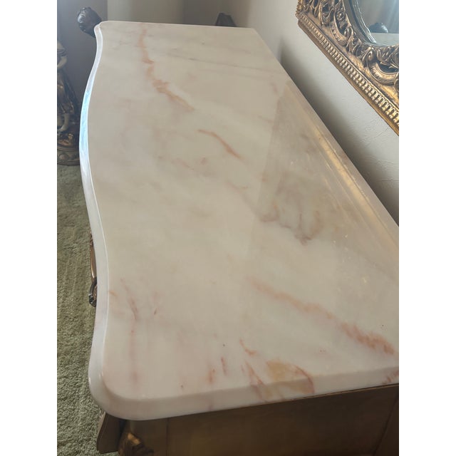 French Weiman Vintage Gold Leaf Marble Top French Bombe Commode/Dresser For Sale - Image 3 of 4