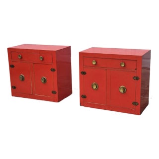 Mid Century Modern Asian Orange Red Laminate Cabinets Nightstands Side End Tables - A Pair For Sale