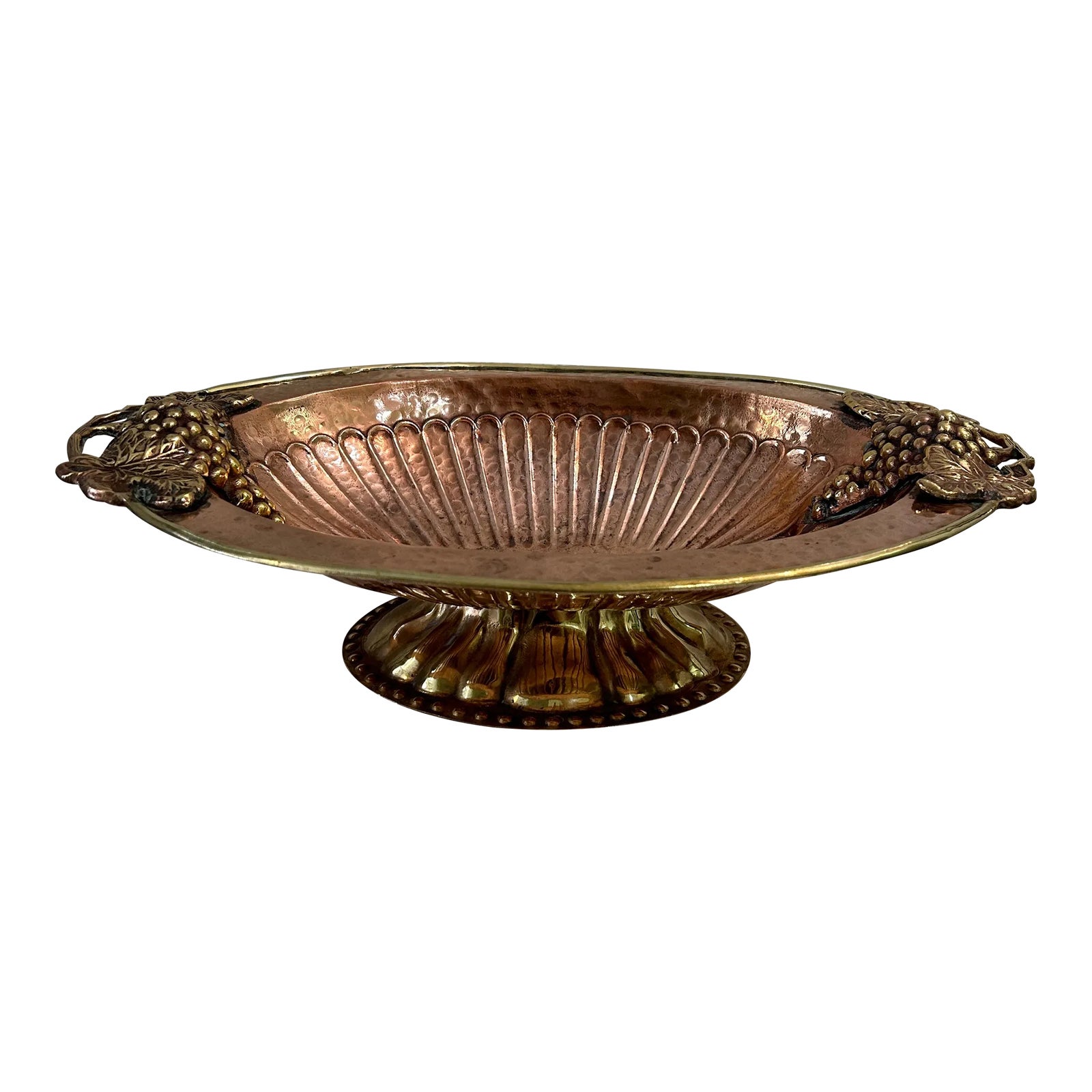Vintage Hammered Copper and Brass Oval Pedestal Bowl With Grapes