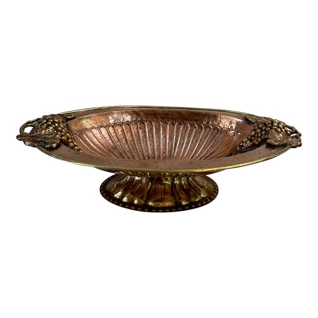 Vintage Hammered Copper and Brass Oval Pedestal Bowl With Grapes Handles For Sale