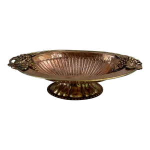Vintage Hammered Copper and Brass Oval Pedestal Bowl With Grapes Handles