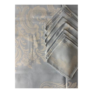 1960s Exquisite Blue Rectangle Tablecloth 78 X 58 Inches. Eight Napkins That Fold to 8 Inches For Sale