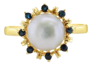 8MM Pearl Ring with Sapphire Halo 14k Yellow Gold, Size 7