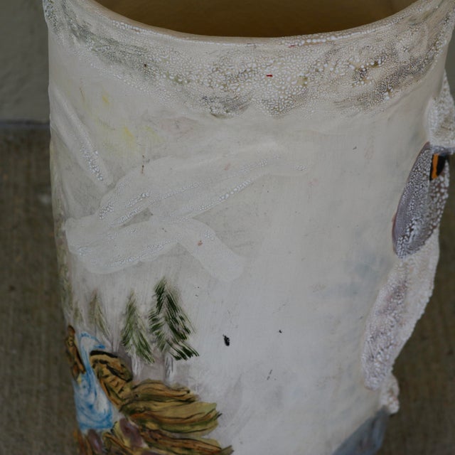 Mid-Century Vintage Textured Ceramic Snowy Owl & Winter Landscape Umbrella Stand For Sale - Image 11 of 12