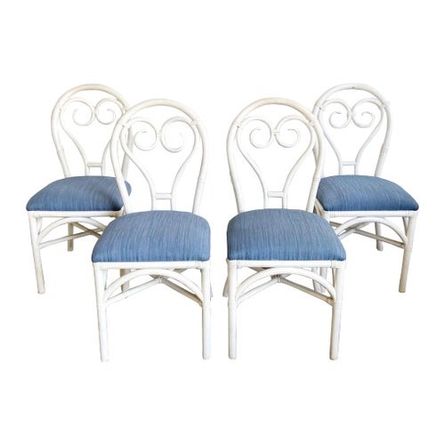 Boho Chic White Sculpted Bamboo Rattan Dining Chairs Set of