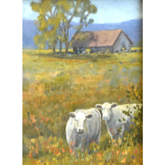 Cows in a Field of Flowers Oil Painting Including the Antiqued Gold Wood Frame For Sale - Image 4 of 7