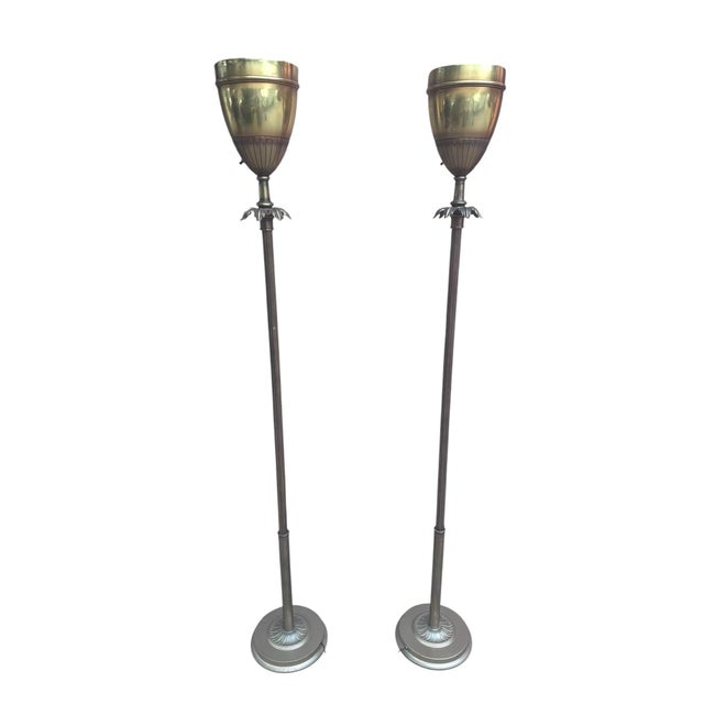 Hollywood Regency Brass Uplight Torchiere Floor Lamps - Pair For Sale In Chicago - Image 6 of 8