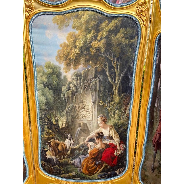 Late 20thC French Louis XVI Gilt Beech Scenic Room Divider Screen – 3 Panels For Sale - Image 4 of 18