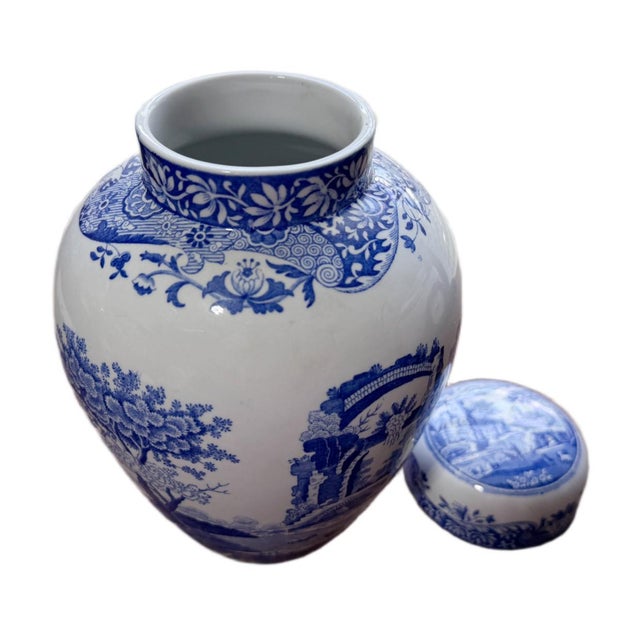 1970s Vintage Spode Blue Italian Ginger Jar With Lid - Blue & White Chinoiserie Ceramic Urn For Sale - Image 5 of 6
