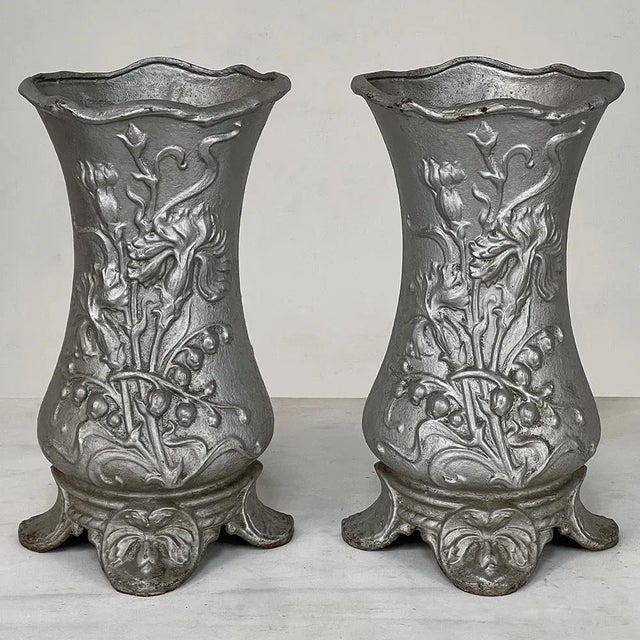 Art Nouveau Pair Art Nouveau Cast Iron Painted Jardinieres ~ Urns For Sale - Image 3 of 13