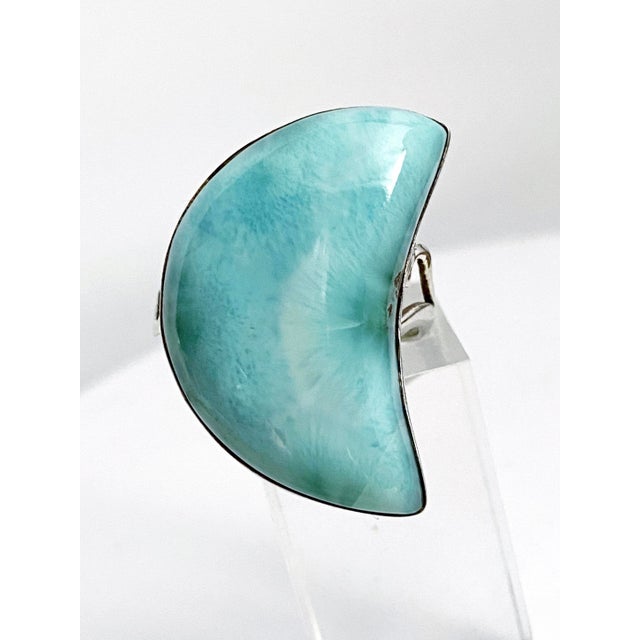 Metal Monumental Larimar Half-Moon Ring in Sculptural .925 Sterling Silver, Size 7.75 For Sale - Image 7 of 10