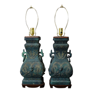Pair of 1950s James Mont Style Archaic Patinated Bronze Lamps