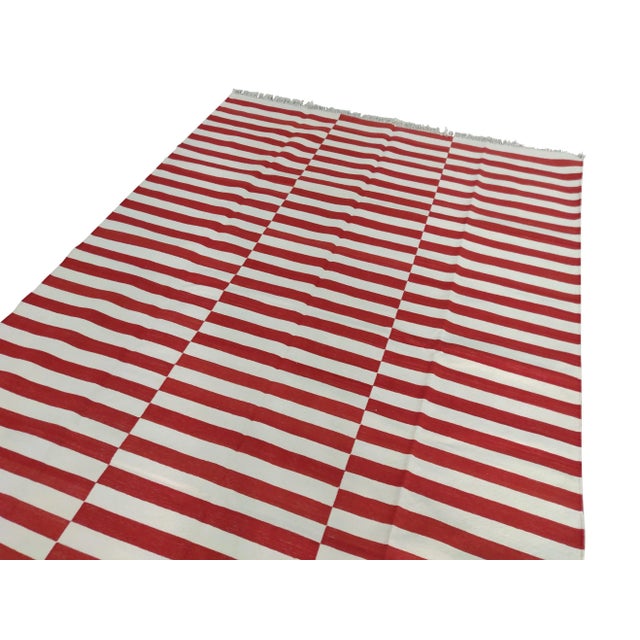 Mid-Century Modern Handmade Cotton Striped Rug, Red And White 8'x10' For Sale - Image 3 of 7