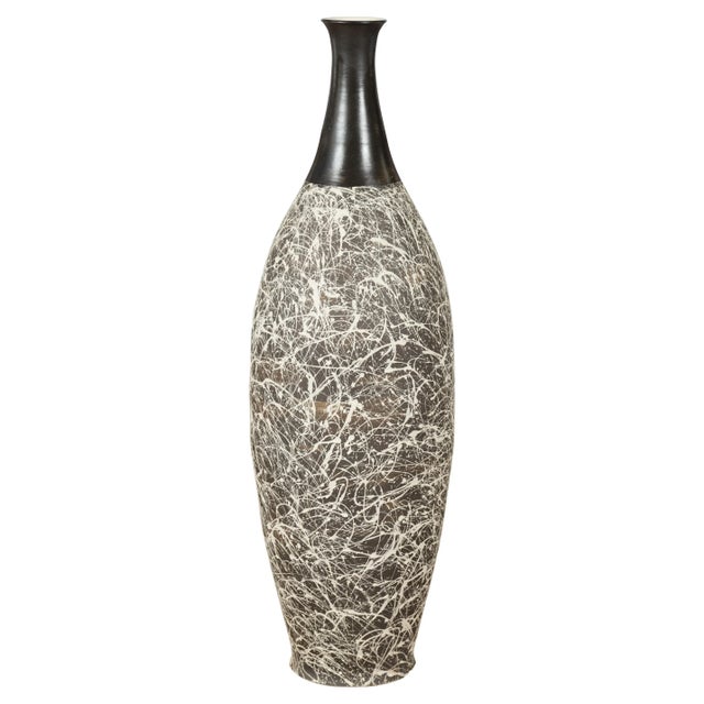 Contemporary Tall Artisan Prem Collection Black Neck & White Dripping Décor Vase For Sale - Image 9 of 13