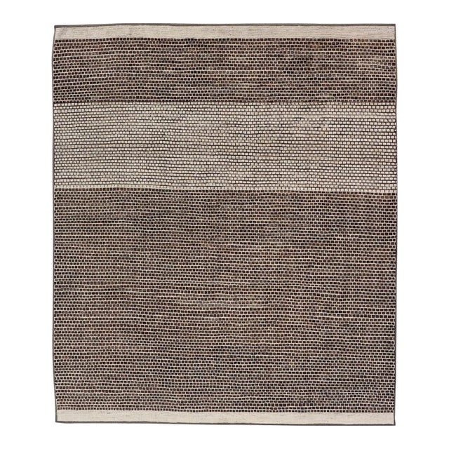 Modern Rug With Brick Design in Brown and Cream by Keivan Woven Arts 9'4 X 11'1 For Sale