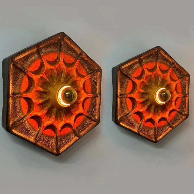 1970s German Orange Hex-Shaped Ceramic Wall Lights, 1970, Set of 2 For Sale - Image 5 of 10