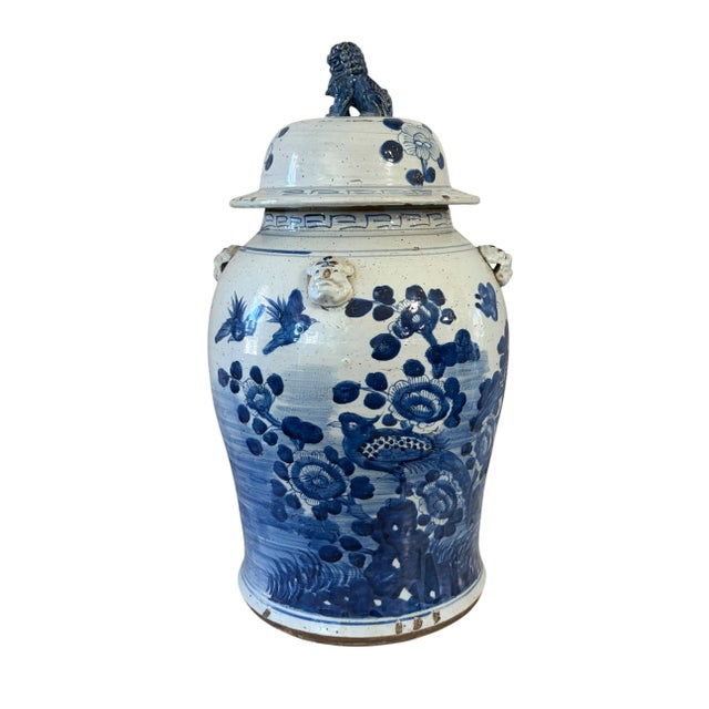 Chinoiserie Vintage Large Chinoiserie B & W Porcelain Ginger Jar W/Birds 24" H For Sale - Image 3 of 10