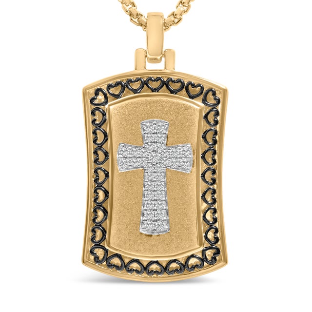 Imbued with spiritual elegance, this exquisite pendant merges the revered symbols of faith and valor—a luminous cross...