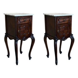 Antique French Mahogany Night Stands or bedside tables with marble top , 1900, A Pair For Sale