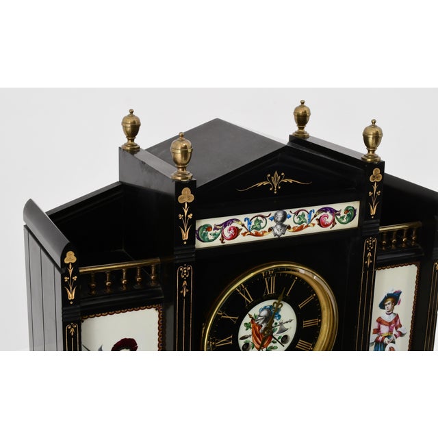 Antique French Black Marble and Hand-Painted Clock Garniture Set, Late 19th Cent For Sale In New York - Image 6 of 11