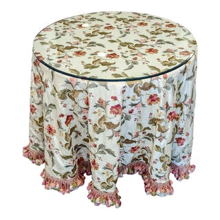 Round Table With Designer Chinoiserie Silk Embroidered Tablecloth Set With Custom Glass Top For Sale