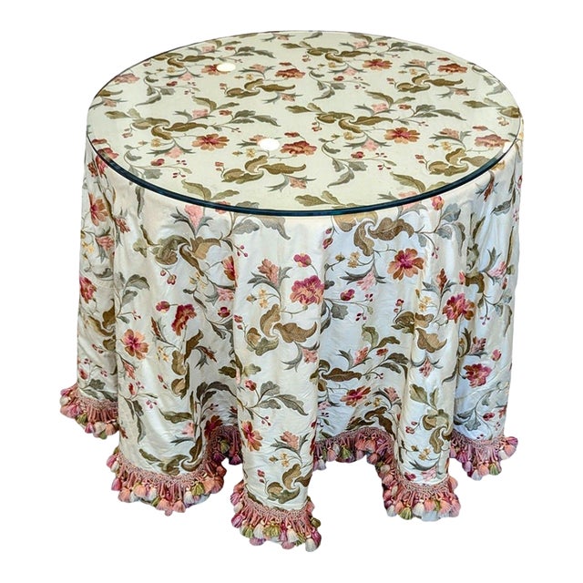 Round Table With Designer Chinoiserie Silk Embroidered Tablecloth Set With Custom Glass Top For Sale