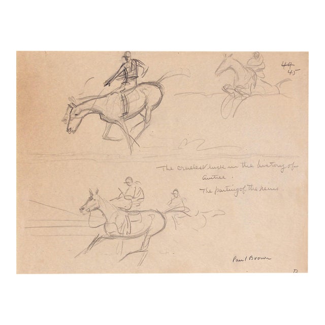 Mid 20th Century 'The Cruelest Luck in the History of Aintree: The Parting of the Reins' Pencil Drawing by Paul Brown For Sale